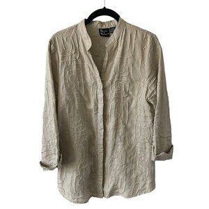 Mercer & Madison Linen 3/4 Sleeve Embroidered Casual Button Up Shirt Tan Medium